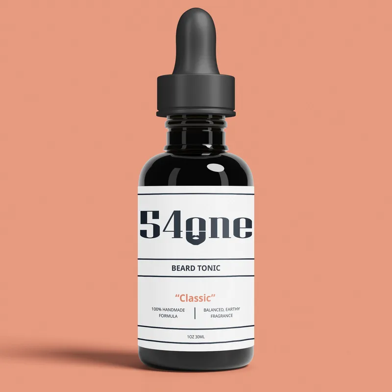 Classic Beard Tonic 1oz dropper bottle on a warm coral background